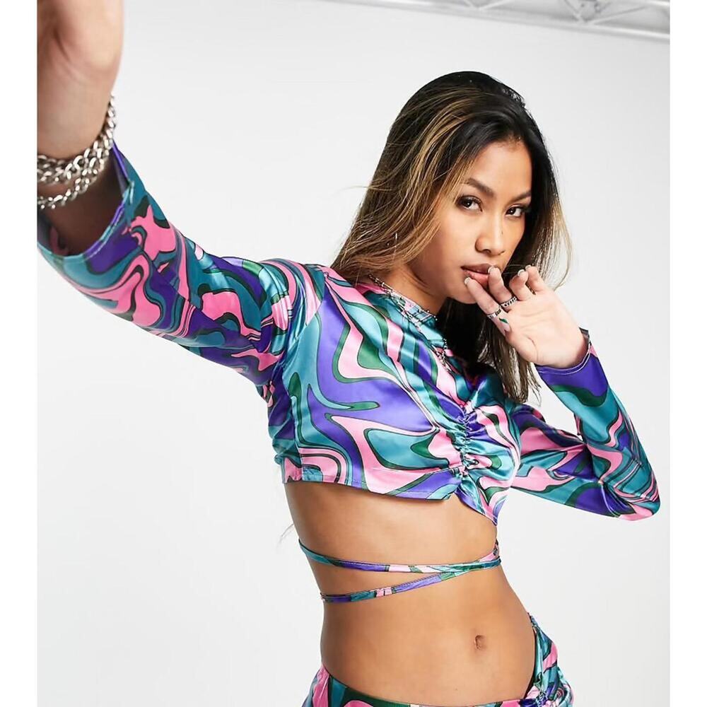 ASOS Reclaimed Vintage Ruched Crop Top with Tie Detail in 70s Psychedelic Print